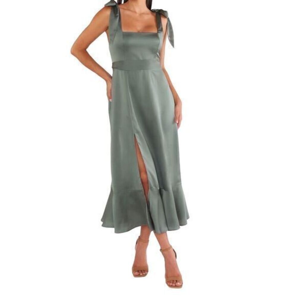 Show Me Your MuMu‎ Plus 1X Claire Midi Dress Formal Ruffle Side Slit Sage Satin
